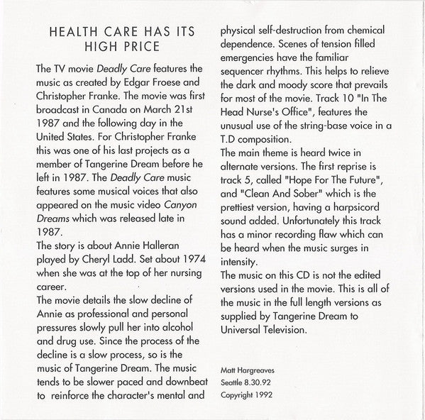 Tangerine Dream : Deadly Care (Original Soundtrack Recording) (CD, Album)