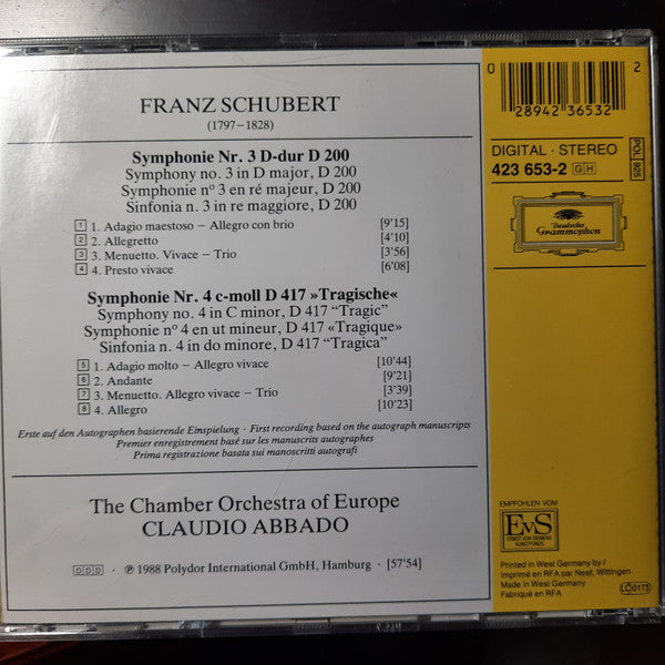 Franz Schubert / The Chamber Orchestra Of Europe, Claudio Abbado : Symphonien Nos. 3 & 4 «Tragische» (CD, Album, RE)