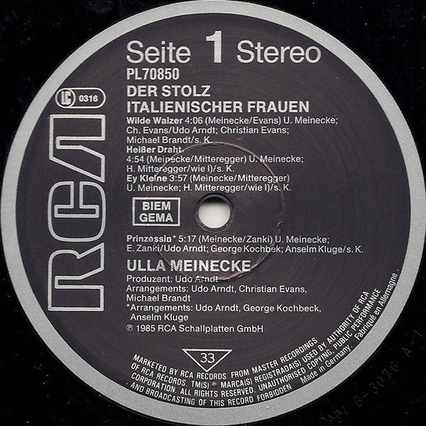 Ulla Meinecke : Der Stolz Italienischer Frauen (LP, Album)