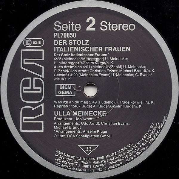 Ulla Meinecke : Der Stolz Italienischer Frauen (LP, Album)