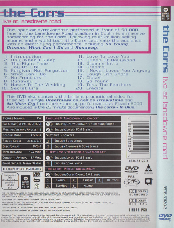 The Corrs : Live At Lansdowne Road (DVD-V, RE, Multichannel, PAL)