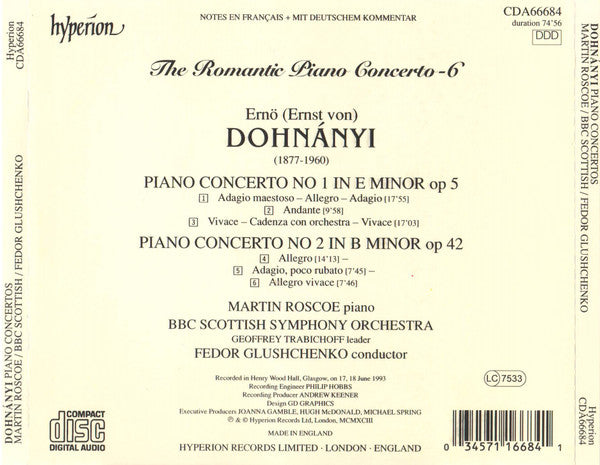 Ernst von Dohnányi - Martin Roscoe, BBC Scottish Symphony Orchestra, Фёдор Глущенко : Piano Concerto No 1 In E Minor / Piano Concerto No 2 In B Minor (CD, Album)