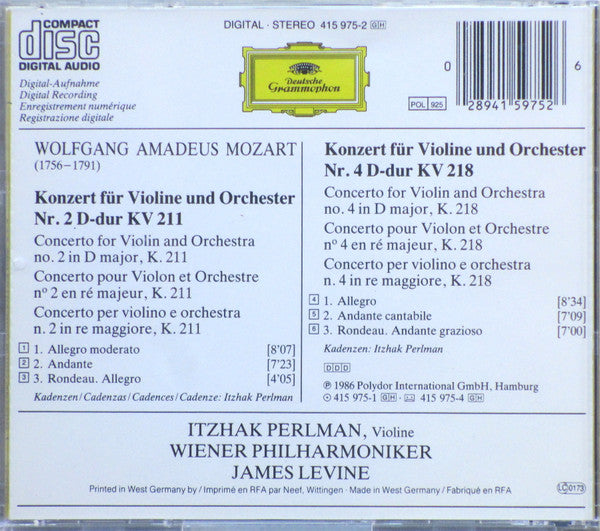 Wolfgang Amadeus Mozart - Itzhak Perlman, Wiener Philharmoniker, James Levine (2) : Violinkonzerte Nos. 2 & 4 (CD, Album)