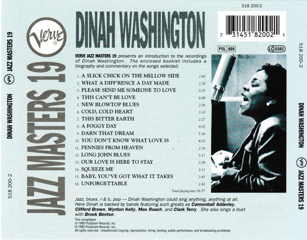 Dinah Washington : Verve Jazz Masters 19 (CD, Comp)