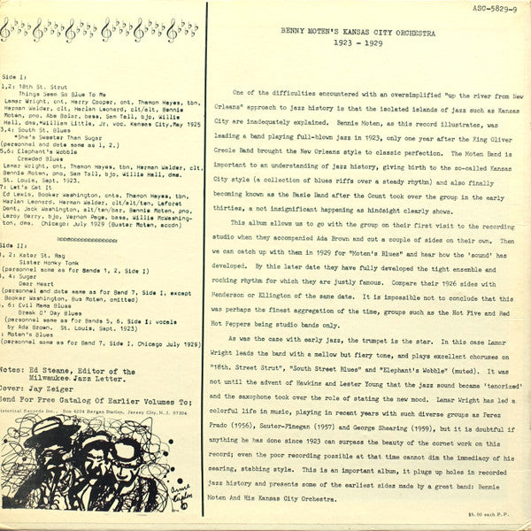 Bennie Moten's Kansas City Orchestra : Bennie Moten's Kansas City Orchestra 1923-1929 (LP, Comp, RE, RP)