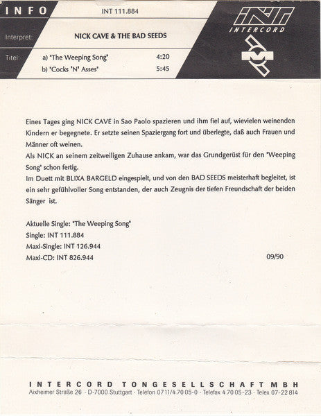 Nick Cave & The Bad Seeds : The Weeping Song (7", Single)