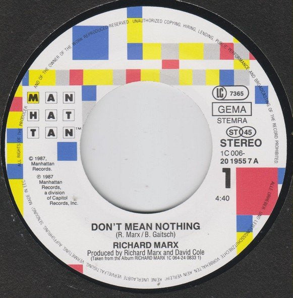Richard Marx : Don't Mean Nothing (7", Single)