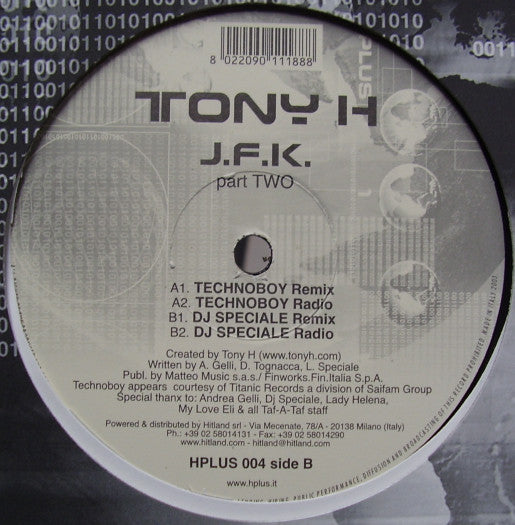 Tony H : J.F.K. (The Remixes Part Two) (12")