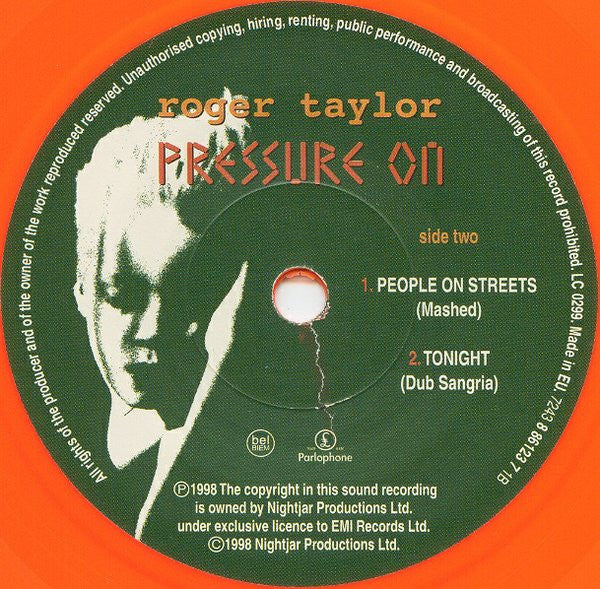 Roger Taylor : Pressure On (7", Single, Ltd, Num, Ora)