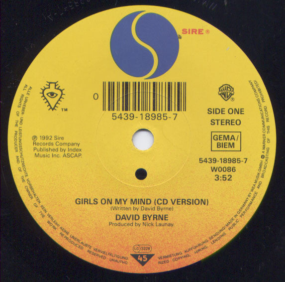 David Byrne : Girls On My Mind (7", Single)