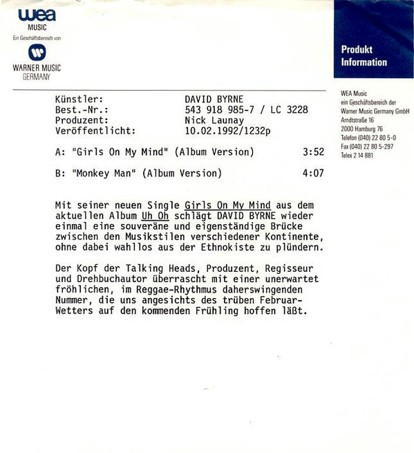 David Byrne : Girls On My Mind (7", Single)