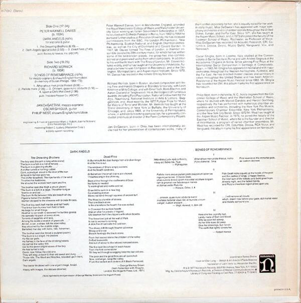 Peter Maxwell Davies / Richard Wernick, Jan DeGaetani, Oscar Ghiglia, Philip West : Dark Angels / Songs Of Remembrance (LP, Album)