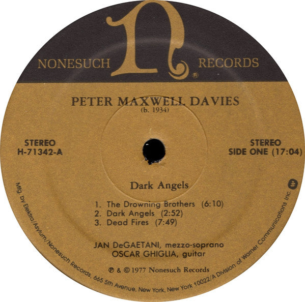 Peter Maxwell Davies / Richard Wernick, Jan DeGaetani, Oscar Ghiglia, Philip West : Dark Angels / Songs Of Remembrance (LP, Album)