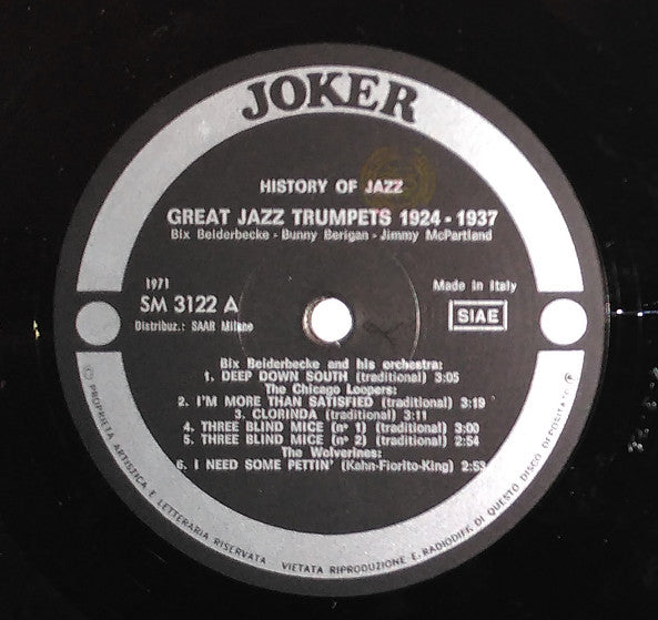 Bix Beiderbecke - Bunny Berigan - Jimmy McPartland : History Of Jazz - Great Jazz Trumpets 1924 - 1937 (LP, Comp)