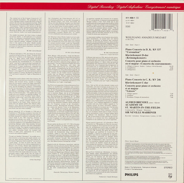 Wolfgang Amadeus Mozart - Alfred Brendel, The Academy Of St. Martin-in-the-Fields, Sir Neville Marriner : Piano Concertos / Klavierkonzerte - No.8 KV 246 <<Lützow>>; No.26 KV537 "Coronation" • >>Krönungskonzert<< • <<Couronnement>> (LP, Album)