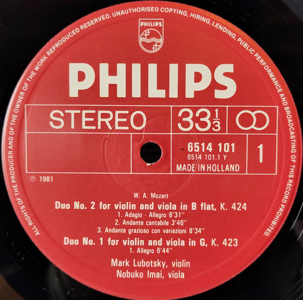 Wolfgang Amadeus Mozart / Michael Haydn – Mark Lubotsky, Nobuko Imai : The Duos For Violin And Viola K.423-424 / Duo No.1 For Violin And Viola (LP)