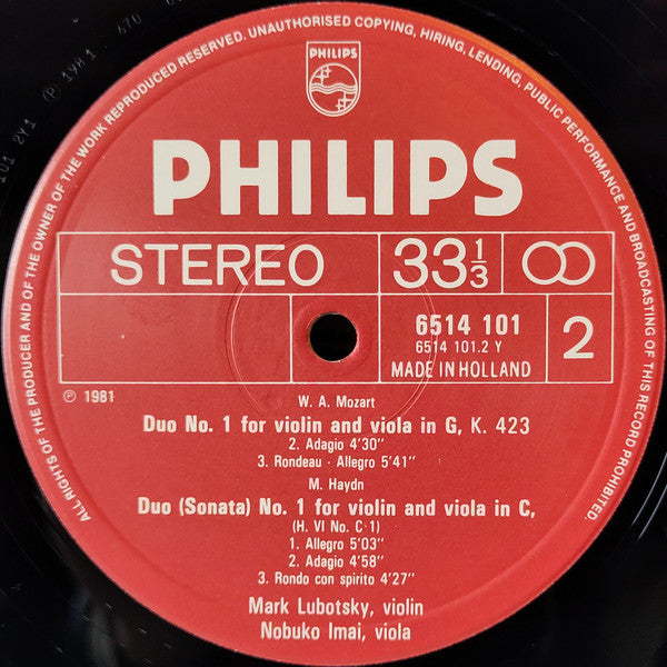 Wolfgang Amadeus Mozart / Michael Haydn – Mark Lubotsky, Nobuko Imai : The Duos For Violin And Viola K.423-424 / Duo No.1 For Violin And Viola (LP)