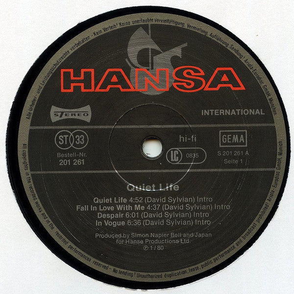 Japan : Quiet Life (LP, Album, RE, RP, Son)