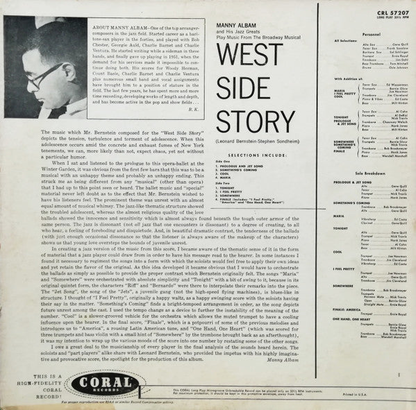 Manny Albam And His Jazz Greats : Play Music From The Broadway Musical West Side Story (LP, Album, Mono)
