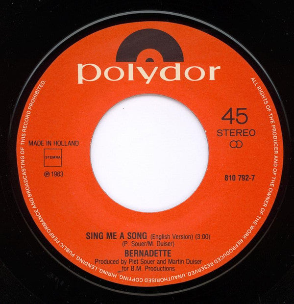 Bernadette (2) : Sing Me A Song (7", Single)