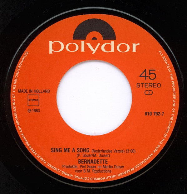 Bernadette (2) : Sing Me A Song (7", Single)
