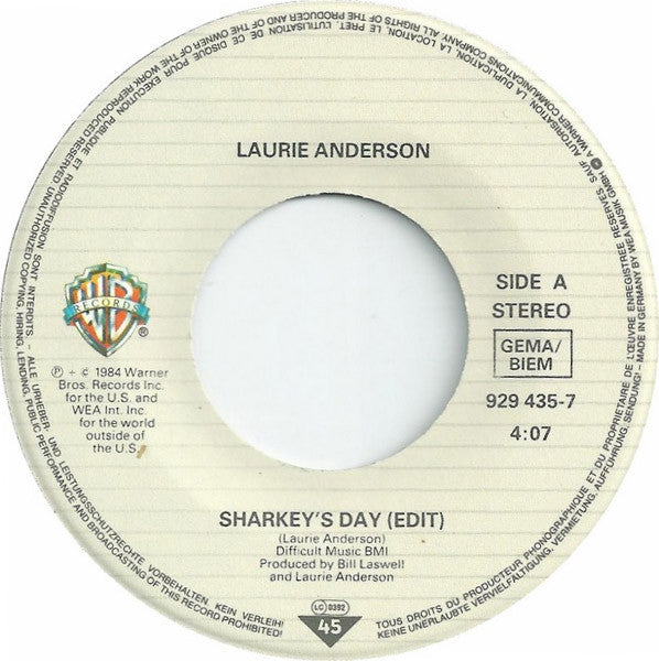 Laurie Anderson : Sharkey's Day (7", Single)