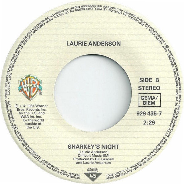 Laurie Anderson : Sharkey's Day (7", Single)