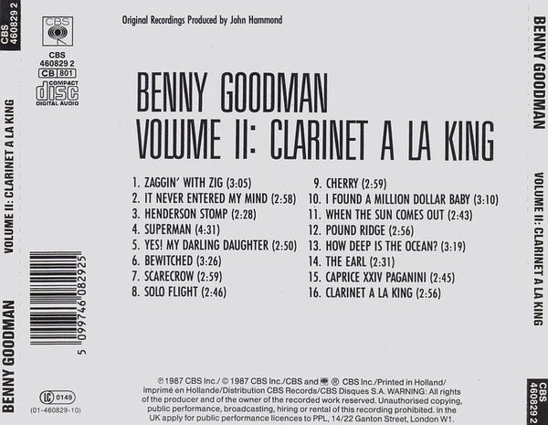 Benny Goodman : Volume II: Clarinet A La King (CD, Comp, Mono, RM)
