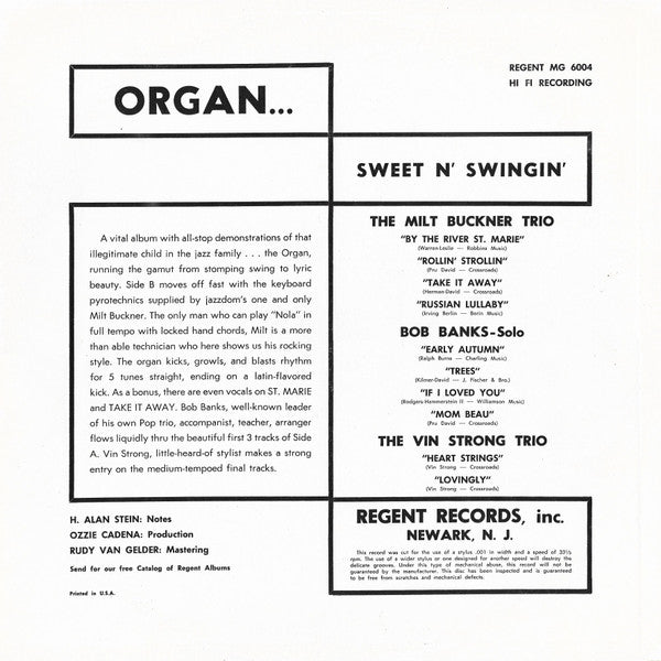 Milt Buckner, Bobby Banks*, Vin Strong : Organ...Sweet N' Swing (LP, Comp)