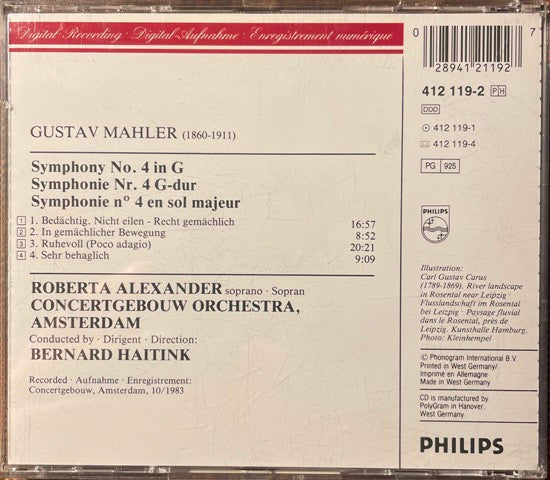 Gustav Mahler – Roberta Alexander, Concertgebouworkest, Bernard Haitink : Symphony No. 4 (CD, RP)