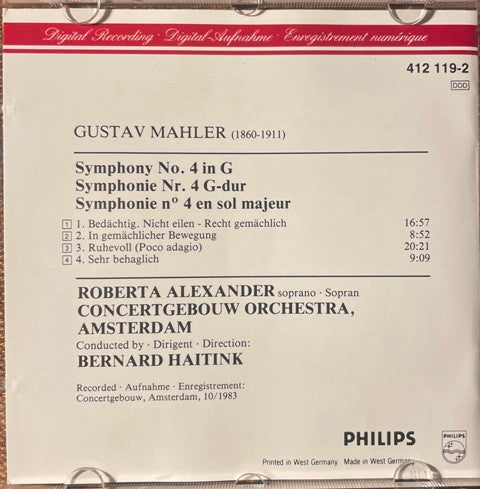 Gustav Mahler – Roberta Alexander, Concertgebouworkest, Bernard Haitink : Symphony No. 4 (CD, RP)