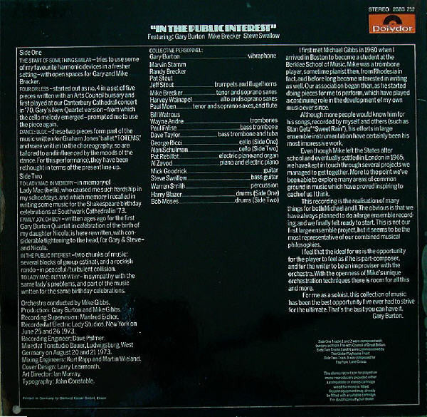 Michael Gibbs & Gary Burton : In The Public Interest (LP, Album)