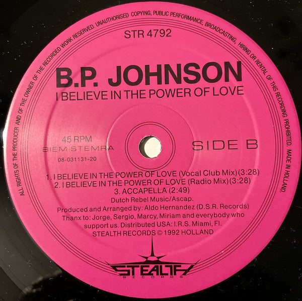 B.P. Johnson : I Believe In The Power Of Love (12")