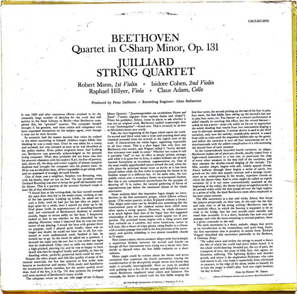 Ludwig van Beethoven, Juilliard String Quartet : Quartet In C-Sharp Minor, Op. 131 (LP, RP, ND)
