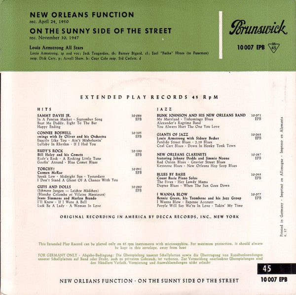 Louis Armstrong And His All-Stars : New Orleans Function / On The Sunny Side Of The Street (7", EP, Mono, RE)