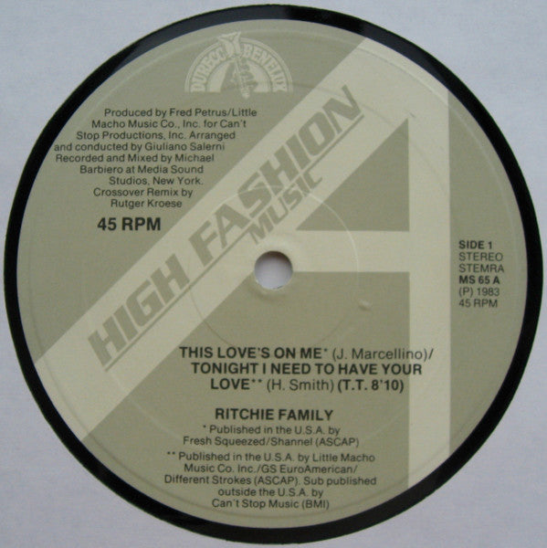 The Ritchie Family : This Love's On Me/Tonight I Need To Have Your Love (Crossover Dance Remix) (12")