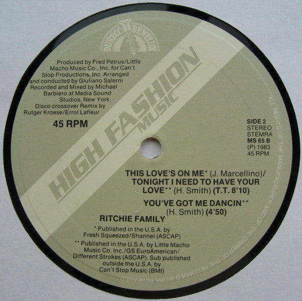 The Ritchie Family : This Love's On Me/Tonight I Need To Have Your Love (Crossover Dance Remix) (12")