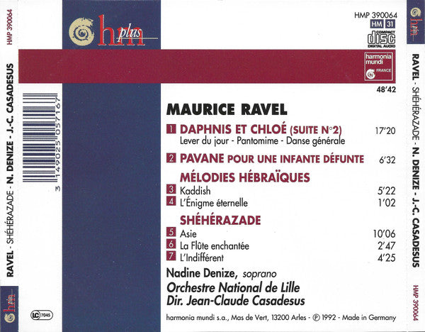 Maurice Ravel, Nadine Denize, L'Orchestre National de Lille, Jean-Claude Casadesus : Shéhérazade - Pavane Pour Une Infante Défunte - Mélodies Hébraïques - Daphnis Et Chloé (CD, RE, RP)
