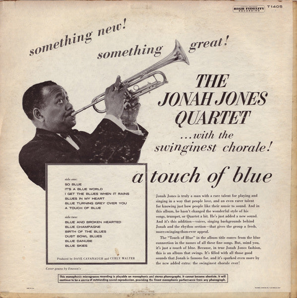 The Jonah Jones Quartet : A Touch Of Blue (LP, Album, Mono)