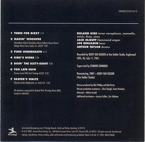 Roland Kirk With Brother Jack McDuff : Kirk's Work (CD, Album, RE, RM)