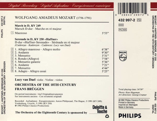 Wolfgang Amadeus Mozart, Lucy Van Dael, Orchestra Of The 18th Century, Frans Brüggen : «Haffner» Serenade (CD, Album)