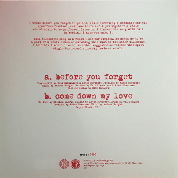 The Brian Jonestown Massacre Vs The Telescopes : Before You Forget / Come Down My Love (10", RSD, Single, Num, Red)