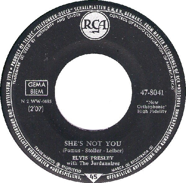 Elvis Presley With The Jordanaires : She's Not You (7", Single)