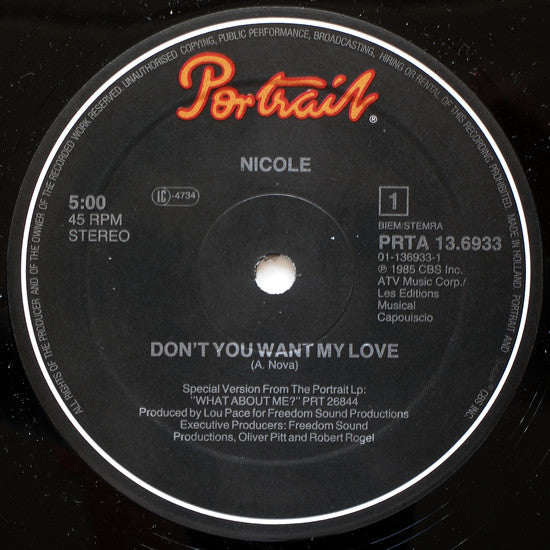 Nicole* : Don't You Want My Love (Maxi Club Version) (12", Maxi)