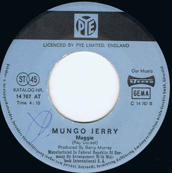Mungo Jerry : Mungo's Blues (Dust Pneumonia Blues) (7", Single)