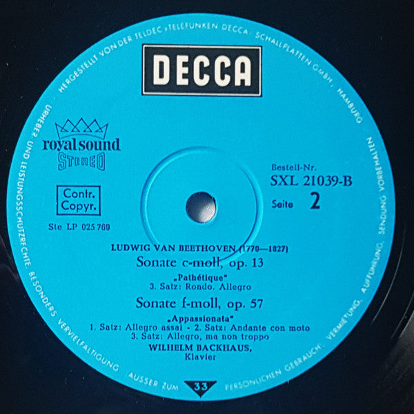 Wilhelm Backhaus : Spielt Beethoven, Mondschein-Sonate • Pathétique • Appassionata (LP, Blu)
