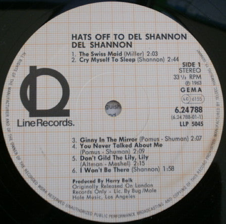 Del Shannon : Hats Off To Del Shannon (LP, Album, RE)