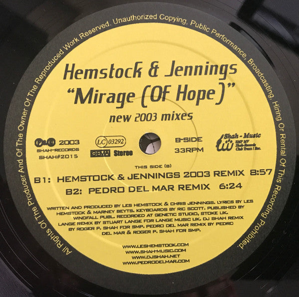 Hemstock & Jennings : Mirage (Of Hope) - New 2003 Mixes (12")