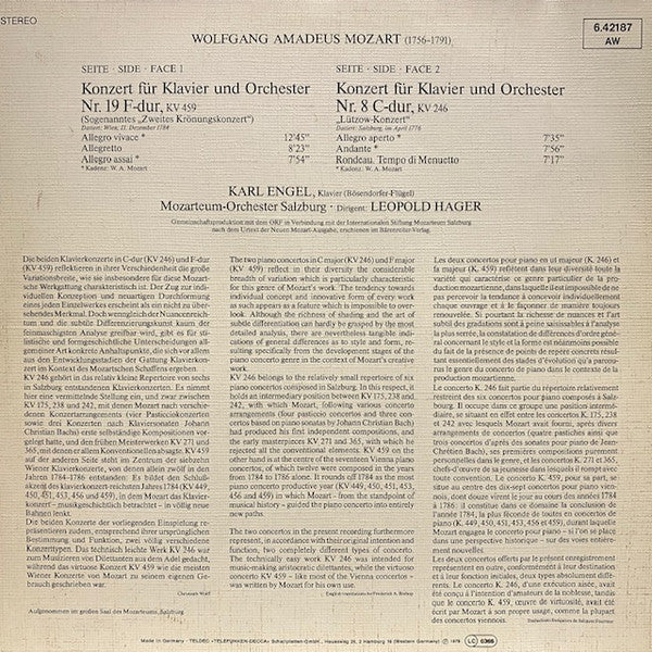 Wolfgang Amadeus Mozart, Karl Engel, Das Mozarteum Orchester Salzburg, Leopold Hager : Klavierkonzerte - Piano Concertos - Concertos Pour Piano Nr.8, KV246 - Nr.19, KV459 (LP, Gat)