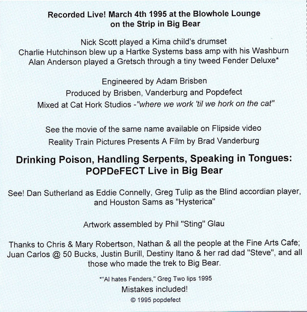 Popdefect : Drinking Poison, Handling Serpents, Speaking In Tongues: POPDeFECT Live In Big Bear (CD, Album)